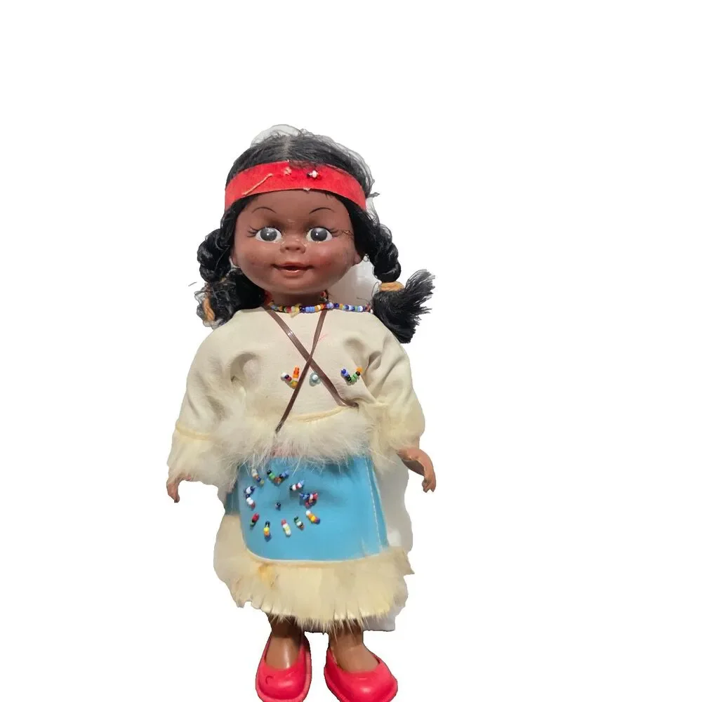 Vtg Native American Doll Holing Baby  Vynyl Hard Plastic Leather Fur Accent suit
